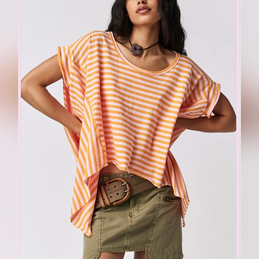 Free People We The Free "Pink Vitamin" Striped Angel Oversized Top Size M - Picture 2 of 10